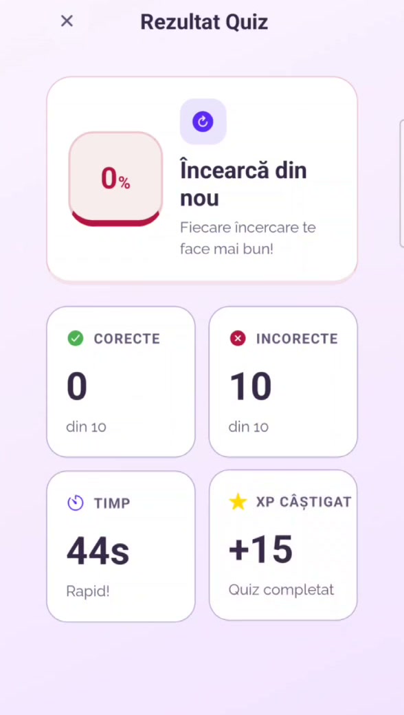 Quiz result with XP and streak
